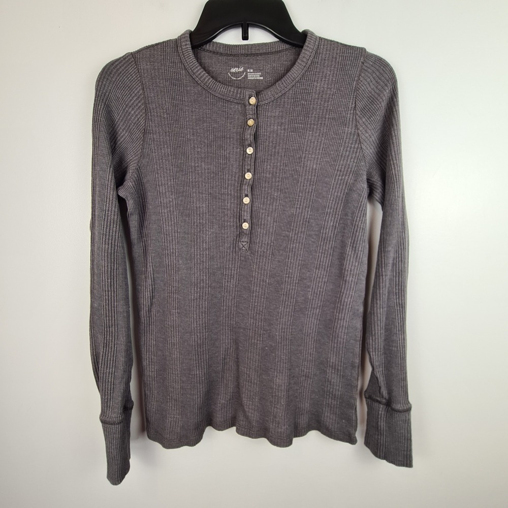 Aerie Womens Gray Ribbed Waffle Knit Long Sleeve Henley Shirt Size M Charcoal‎